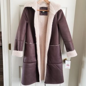DKNY Hooded Faux Shearling Mid Length Coat Women's XS